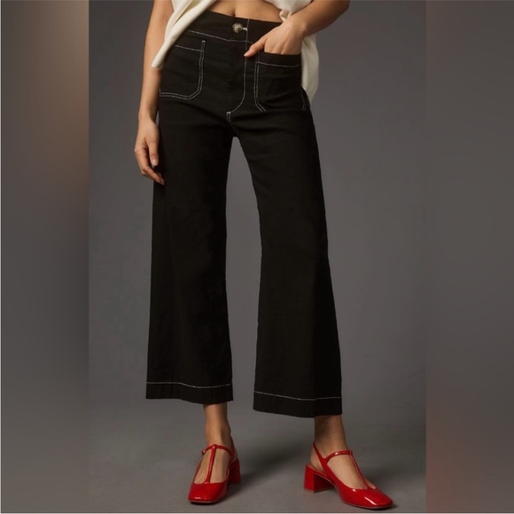 Anthropologie The Colette Contrast-Stitch Cropped Wide-Leg Pants Size 34 NWT - Picture 1 of 16
